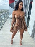 Full Flare Sleeve Slash Neck Shirring Stretchy Bodycon Dresses NY-7146