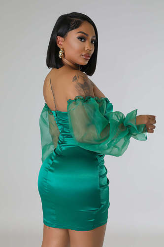 Sexy Slim Off Shoulder See Through Mesh Long Sleeve Dress Nightclub Wear NY-7359