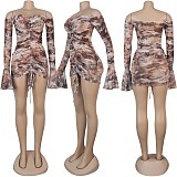 Full Flare Sleeve Slash Neck Shirring Stretchy Bodycon Dresses NY-7146