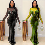 2024 Sexy Solid Patchwork See-through O Neck Long Dress NTY-7353
