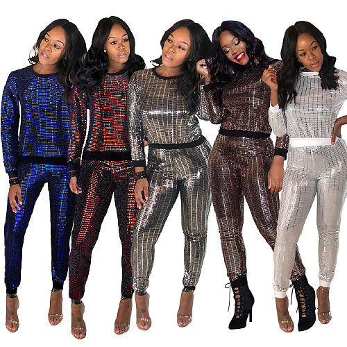 Women'S Sexy Shiny Sequined Long-Sleeved Nightclub Two Piece Pants Set MA-122