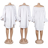 Elegant Slash Neck Ruffles Flare Sleeve Shirt Dress NY-7275