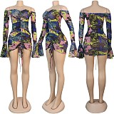 Full Flare Sleeve Slash Neck Shirring Stretchy Bodycon Dresses NY-7146