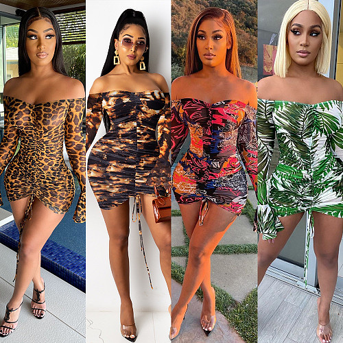 Full Flare Sleeve Slash Neck Shirring Stretchy Bodycon Dresses NY-7146