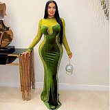 2024 Sexy Solid Patchwork See-through O Neck Long Dress NTY-7353
