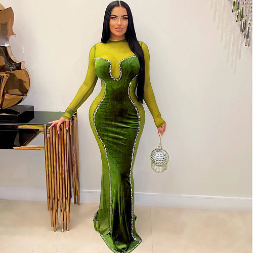 2024 Sexy Solid Patchwork See-through O Neck Long Dress NTY-7353