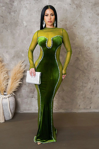 2024 Sexy Solid Patchwork See-through O Neck Long Dress NTY-7353
