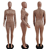 Women Solid Long Sleeve Turtleneck Hole Skinny Top + Pants 2 Two Pieces Set LSD-82014