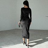 2024 Elegant Lady Slim Solid Color Round Neck Folds Maxi Dress BLG-D3B14885A