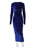 2024 Elegant Lady Slim Solid Color Round Neck Folds Maxi Dress BLG-D3B14885A