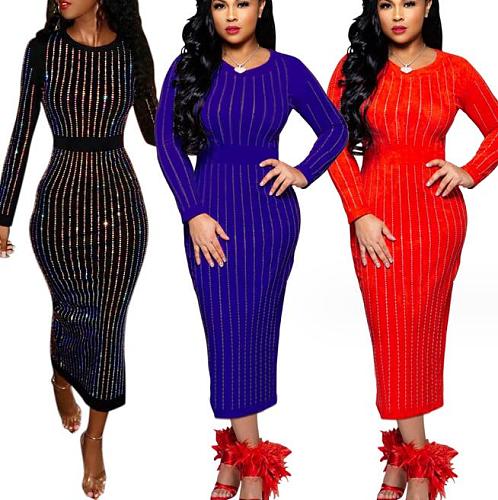 Hot Drilling Long Mid Calf Shining Party Bodycon Dresses MA-147