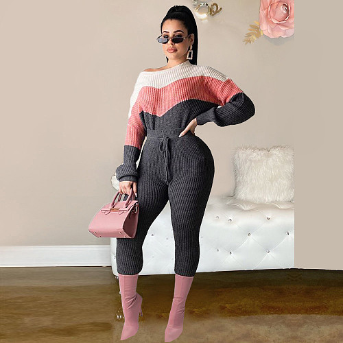 Womens Striped Sweater Knitted Shirt and Soft Pants Winter Outfit Set PN-6295
