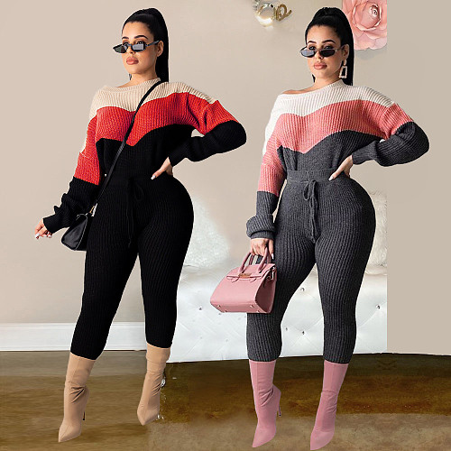 Womens Striped Sweater Knitted Shirt and Soft Pants Winter Outfit Set PN-6295