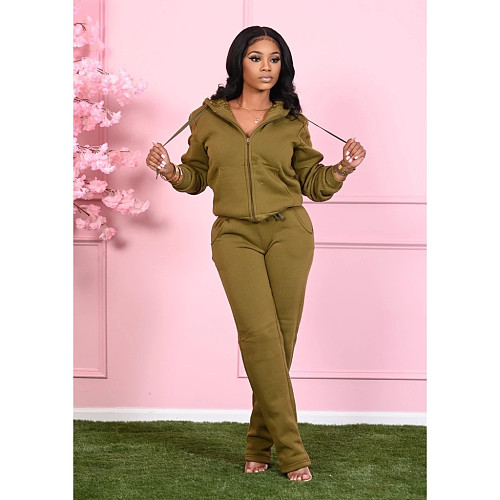 Solid Color Zipper Hoodied Top Sweatpants Two Piece Outfits SMD-2048