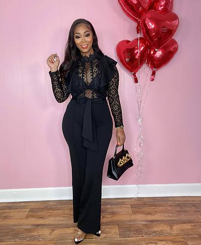 2024 Elegant Lady Black Lace Splicing Bodycon Wide-leg Jumpsuit NY-10682