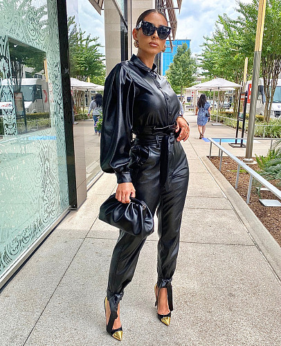 Faux Leather PU Lantern Sleeve Jacket Tie Up Pants Tracksuit MA-376