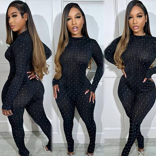 2024 Women Black Mesh Long Sleeves Package Hips Jumpsuits NY-2989