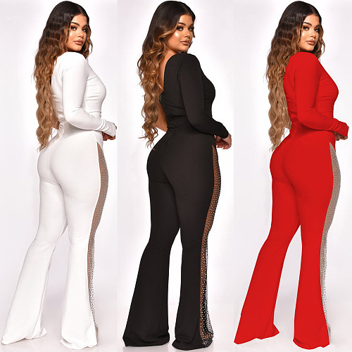 Mesh Patchwork One Shoulder Flare Jumpsuits MA-479