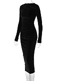 2024 Elegant Lady Slim Solid Color Round Neck Folds Maxi Dress BLG-D3B14885A