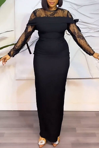 2024 Elegant Lady Lace Long Sleeves Splicing Black Splits Long Dresses NY-10665