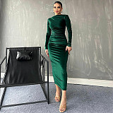 2024 Elegant Lady Slim Solid Color Round Neck Folds Maxi Dress BLG-D3B14885A