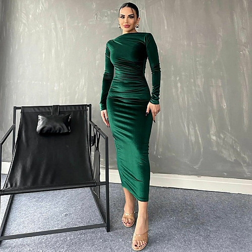 2024 Elegant Lady Slim Solid Color Round Neck Folds Maxi Dress BLG-D3B14885A