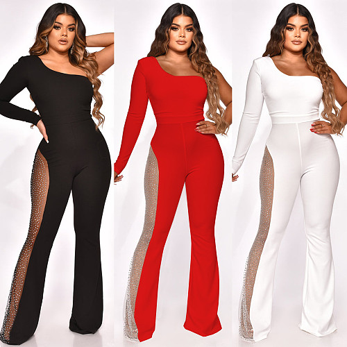Mesh Patchwork One Shoulder Flare Jumpsuits MA-479