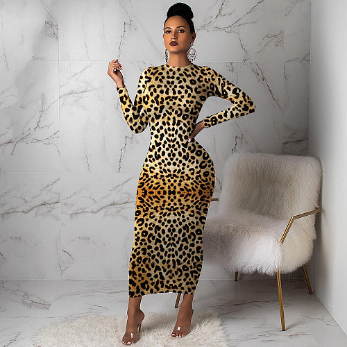Womens Leopard Print Long Sleeve Crew Neck Cocktail Party Bodycon Maxi Dress MA-241