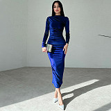 2024 Elegant Lady Slim Solid Color Round Neck Folds Maxi Dress BLG-D3B14885A
