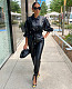Faux Leather PU Lantern Sleeve Jacket Tie Up Pants Tracksuit MA-376