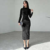 2024 Elegant Lady Slim Solid Color Round Neck Folds Maxi Dress BLG-D3B14885A