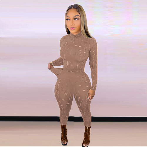 Women Solid Long Sleeve Turtleneck Hole Skinny Top + Pants 2 Two Pieces Set LSD-82014