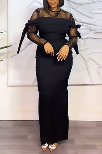 2024 Elegant Lady Lace Long Sleeves Splicing Black Splits Long Dresses NY-10665