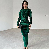 2024 Elegant Lady Slim Solid Color Round Neck Folds Maxi Dress BLG-D3B14885A