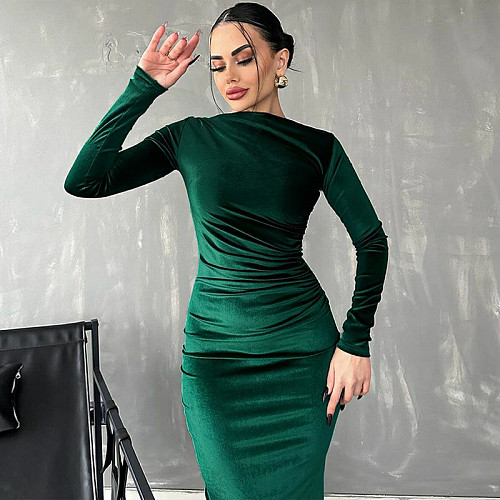2024 Elegant Lady Slim Solid Color Round Neck Folds Maxi Dress BLG-D3B14885A