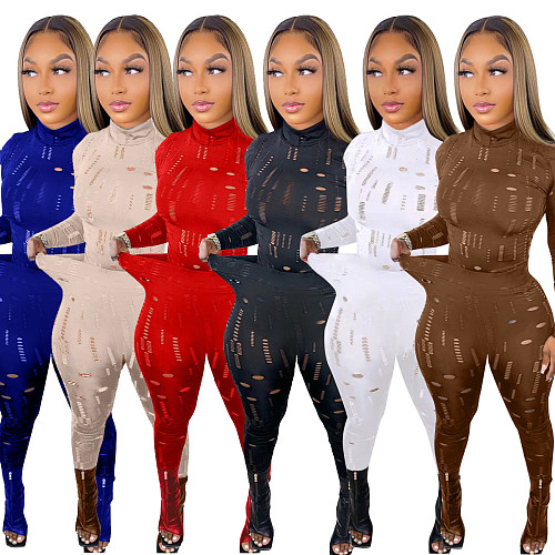Women Solid Long Sleeve Turtleneck Hole Skinny Top + Pants 2 Two Pieces Set LSD-82014