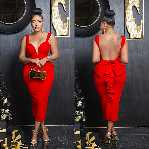 2024 Ladies Backless V-neck Ruffles Bodycon Sexy Maxi Dresses BY-6845
