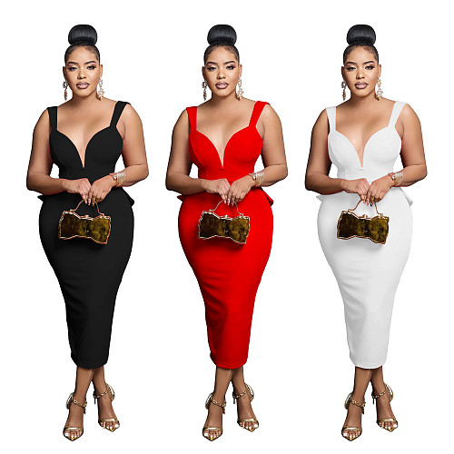 2024 Ladies Backless V-neck Ruffles Bodycon Sexy Maxi Dresses BY-6845