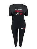 Large Size Women Letter Prints Short Sleeved Round Neck Black Two Pieces Sets FNN-DM03