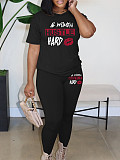 Large Size Women Letter Prints Short Sleeved Round Neck Black Two Pieces Sets FNN-DM03