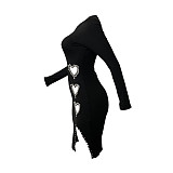 2024 Sexy Hollow Out Heart Hot Drilling Round Collar Midi Club Dress BN-9442