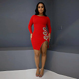 2024 Sexy Hollow Out Heart Hot Drilling Round Collar Midi Club Dress BN-9442