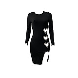 2024 Sexy Hollow Out Heart Hot Drilling Round Collar Midi Club Dress BN-9442