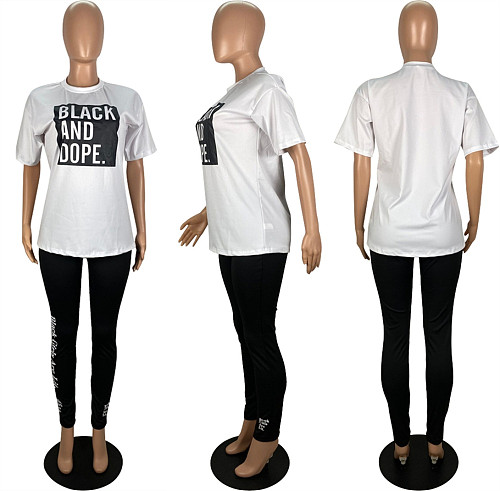 2024 Casual Girls Printed White Tops And Black Bodycon Pants Spory Suits LSL-6443