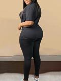 Large Size Women Letter Prints Short Sleeved Round Neck Black Two Pieces Sets FNN-DM03