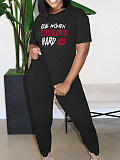 Large Size Women Letter Prints Short Sleeved Round Neck Black Two Pieces Sets FNN-DM03