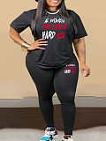 Large Size Women Letter Prints Short Sleeved Round Neck Black Two Pieces Sets FNN-DM03