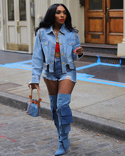 2024 Fashion Women Drill Nail Irregular Lapel Denim Jacket TE-4661