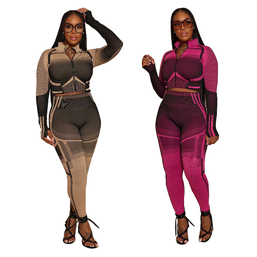 2024 Stylish Women Print Zipper Jacket And Bodycon Pants 2 Pieces Sets SHD-9633