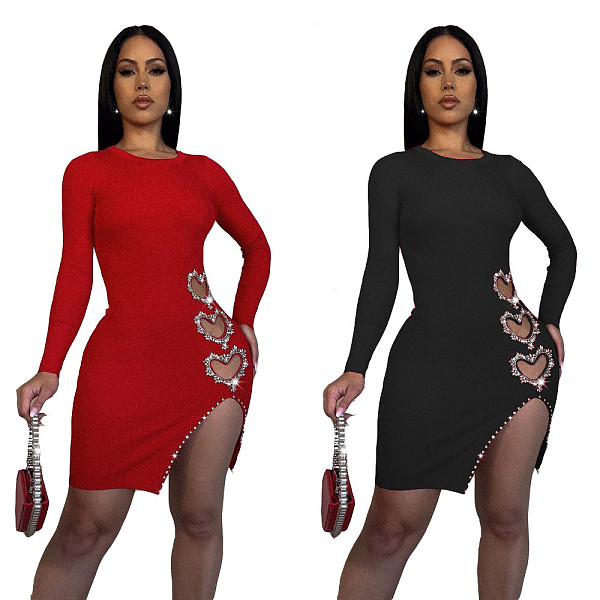 2024 Sexy Hollow Out Heart Hot Drilling Round Collar Midi Club Dress BN-9442